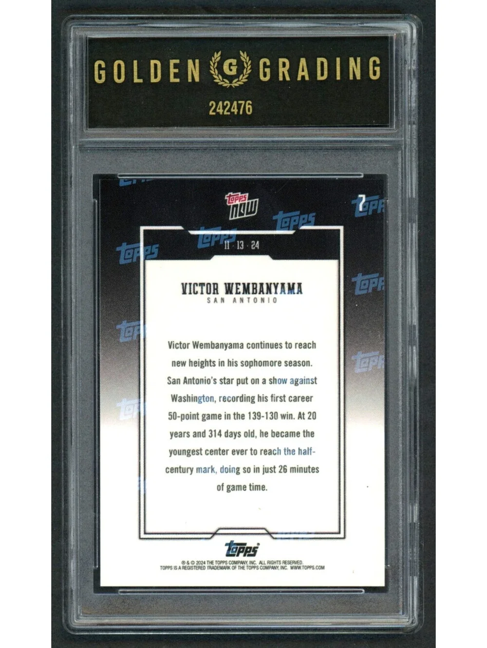 2024-25 Topps Now #7 Victor Wembanyama Spurs 50 Pts. Game Gem Mint 10